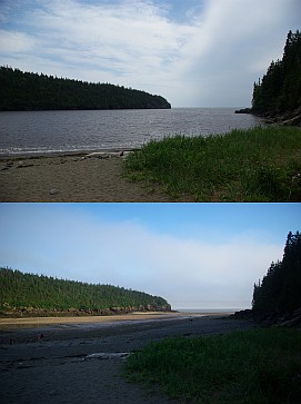 Vergleich Ebbe und Flut in Fundy Bay.