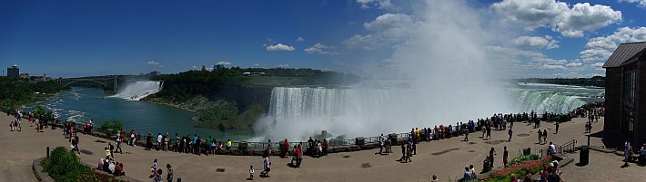 Panoramabild der Niagarafälle von kanadischer Seite aus.