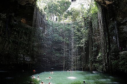 Wir erfrischten uns tief unten in der Cenote „Ik Kil“. Die Steilwände über uns waren ca. 20 Meter hoch und das Wasser unter uns gut 50 Meter tief.