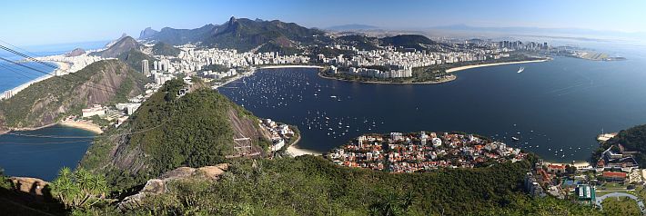 Blick vom Zuckerhut auf Rio de Janeiro. Gut sieht man das viele Grün. Ganz links hinten am Rand liegt die Copacabana, etwas links von der Mitte steht die Christusstatue auf dem Corvocado.